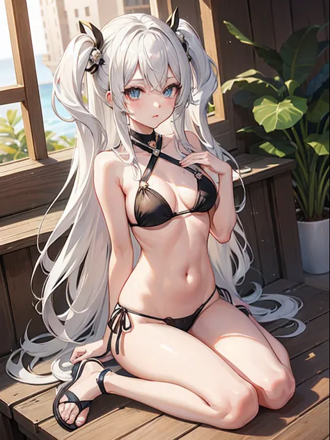 ((Best Quality)), (ultra-detailliert), ((Extremely detailed)), (Beautiful), ((Kawaii Girl)),(two side up hair)、((masutepiece)),Platinum Blonde Hair,Long hair, hair between eye, Wavy Hair, Long sideburns,Jade-colored eyes, White skin,Normal Chest,Slender bo...