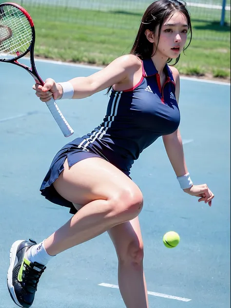 (8K, Raw photo, Best Quality, masutepiece:1.2), (Realistic, Photorealsitic:1.37),1 girl,Cute, (Solo),A detailed face, Dramatic Angle,
,Tennis uniform skirt,Look away,Sporty,Wet skin,Sweat,Large breasts,Nice　Legs,tennis　Match venue  ,