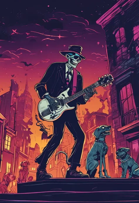 Angus Young skeleton in sunglasses playing guitar, ao fundo, A shadowy city with low lights and vampire dogs