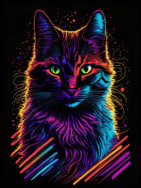 best quality, masterpiece, cat, purple Blue Red Orange, bright neon colors on a black background, vector art,