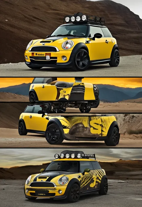 Mini Cooper r56, mellow yellow, 2007 year, mad max style, mountain road