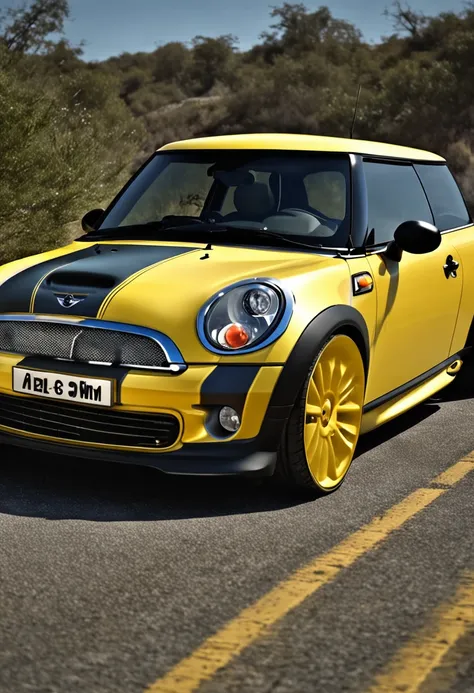 Mini Cooper r56, mellow yellow, 2007 year, mad max style, mountain road