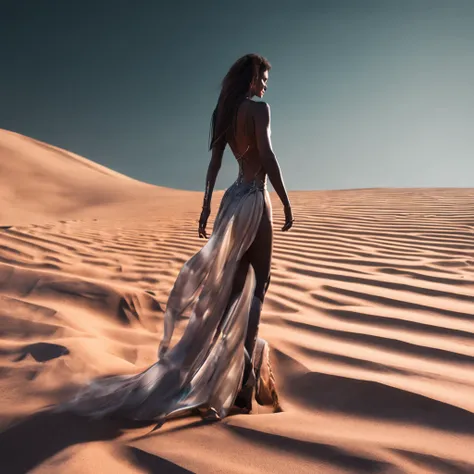 Uma mulher bonita andando pelo deserto futurista, melhor qualidade, master part, ultrahigh-resolution, (fotografia realista:1.4), Surrealismo, Semelhante a um sonho,FusionArt, Shadow dancer, magia das sombras, Darkness Control, furtividade, passo da sombra...