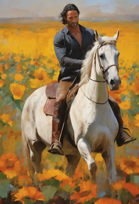 Um homem latino bonito (rodrigo santoro) em um cavalo branco, dia ensolarado , In the middle of a field of sunflowers, belas paisagens, Grande profundidade de campo, Arte Digital, obra prima, Qualidade UHD". RPG