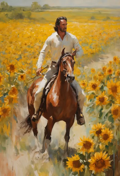 Um homem latino bonito (rodrigo santoro) em um cavalo branco, dia ensolarado , In the middle of a field of sunflowers, belas paisagens, Grande profundidade de campo, Arte Digital, obra prima, Qualidade UHD". RPG