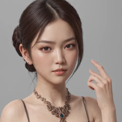 A full body shoot beautiful asian women wearing lingeria, tatto on his neck, piercing on beast. Use elegance color. Detailed face, full naked body shoot, detailed symmetric hazel eyes with circular iris, realistic, stunning realistic photograph, 3d render,...