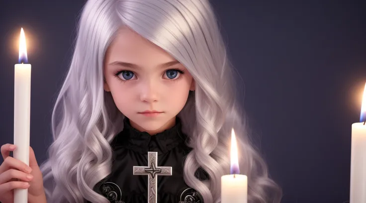 SILVER HAIR KIDS CABELO LONGO, Gothic cross, cruz, CROSSES WITH LIT CANDLES in hand.