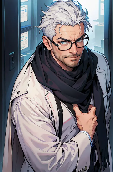 Image of Alafeld of a man with glasses and a scarf, portrait of professor sinister, stanely artgerm, artgerm and grek rutkowski, Artgerm Greg Rutkowski _ greg, artgerm portrait, Moebius + Art germ, portrait of adam jensen, nerd man character portrait, comm...