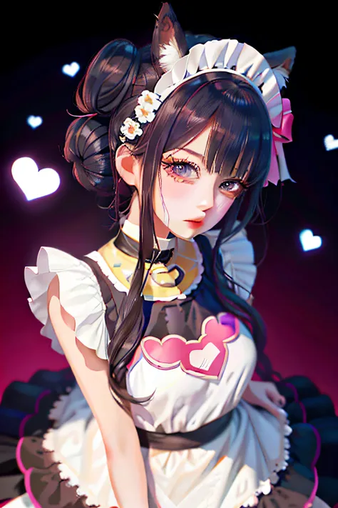 Anime girl posing in maid costume posing for photo with heart in background, anime girl in a maid costume, cute anime waifu in a nice dress, style of anime4 K, Loli, Guviz, anime moe art style, Cute anime girl, Beautiful anime girl, Smooth anime CG art, Be...