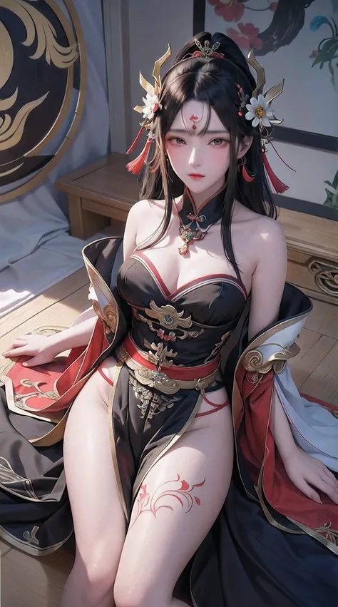 Ancient China woman, above waist，There is a flower tattoo on the bare back，Red and blue-green flowers, on the bed，ukiyo-style, Guviz-style artwork, Guviz, Alphonse mucha and rossdraws, A beautiful artwork illustration, By Li Song, by Yang J, author：Zou Zhe...