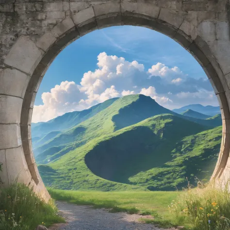 a portal leading to another world with a beatiful landscape with mountains and a beatiful sky ultra realistic real life photorealistic 4k --auto --s2