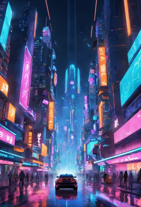 "Create a vivid depiction of Cybecity, a futuristic urban landscape defined by neon-lit skyscrapers, holographic billboards, and bustling streets. Imagine a city where technology and vibrant colors merge to form a dazzling visual spectacle. Capture the ess...