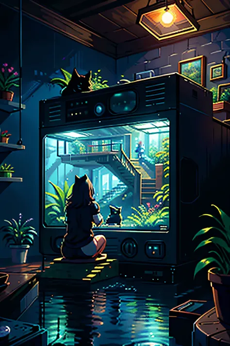 pixel art, Theres a girl sitting on the floor looking at her fat furry black cat, a menina tem cabelo preto curto, Shes facing an old TV, Your furry black cat is sitting next to you, o gato tem coleira, the girl is looking at the cat, theyre in the room, p...