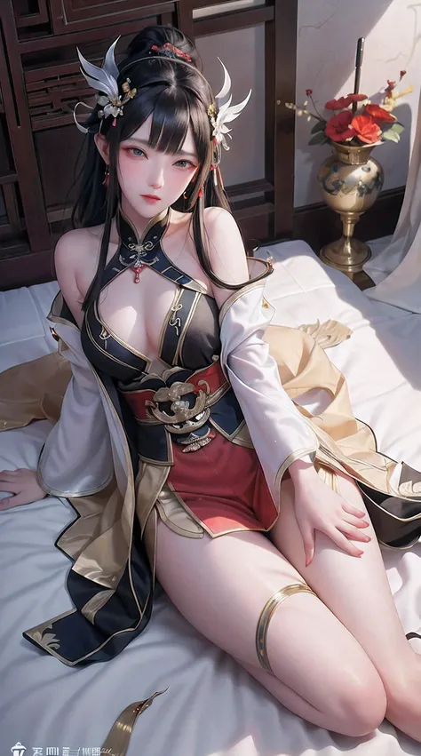 Ancient China woman, above waist，There is a flower tattoo on the bare back，Red and blue-green flowers, on the bed，ukiyo-style, Guviz-style artwork, Guviz, Alphonse mucha and rossdraws, A beautiful artwork illustration, By Li Song, by Yang J, author：Zou Zhe...