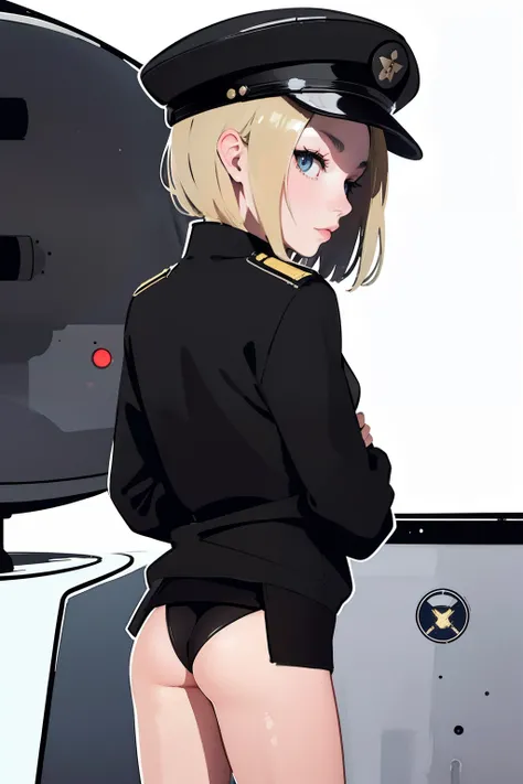 (masterpiece:1.2, best quality), 1girl, petite, loli, slim, black swimsuit, black military jacket, military hat, space cadet, from behind,  spaceship, futuristic, sci-fi, space age design, anime minimalist, watercolor