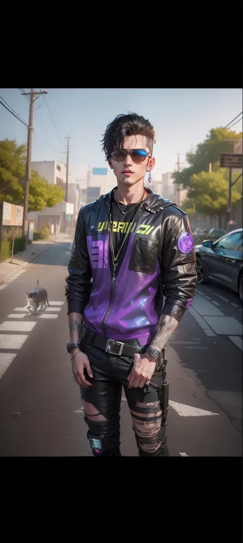 Cyberpunk handsome boy ultra realistic with cat. --v4