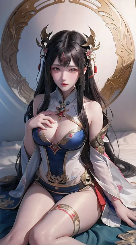 Ancient China woman, above waist，There is a flower tattoo on the bare back，Red and blue-green flowers, on the bed，ukiyo-style, Guviz-style artwork, Guviz, Alphonse mucha and rossdraws, A beautiful artwork illustration, By Li Song, by Yang J, author：Zou Zhe...