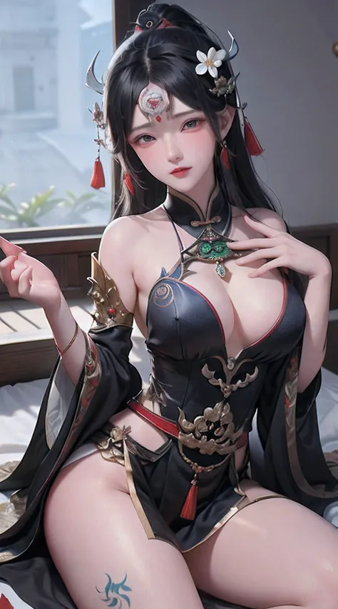 Ancient China woman, above waist，There is a flower tattoo on the bare back，Red and blue-green flowers, on the bed，ukiyo-style, Guviz-style artwork, Guviz, Alphonse mucha and rossdraws, A beautiful artwork illustration, By Li Song, by Yang J, author：Zou Zhe...