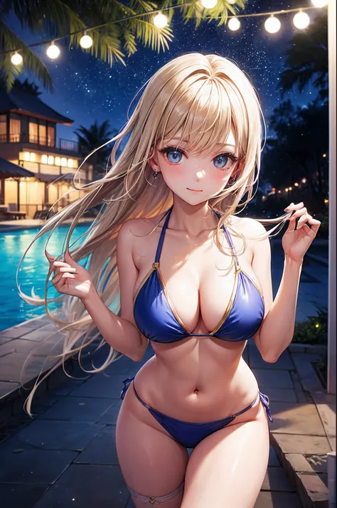 realisitic、top-quality、女の子 1 人、25-years old、Light colored hair、piercings、Shy face、Fancy Bikini、beautiful boob 、sexypose、s ass、night sandy beach、Particles of light、profetional lighting、blue open sky