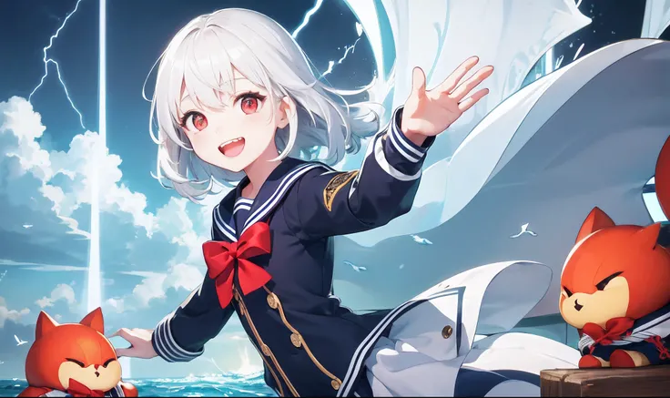 Background with、Lightning at sea、High school girl with fluttering white hair、Red eyes、gentle face、tall、a sailor suit、Cute laughing face！