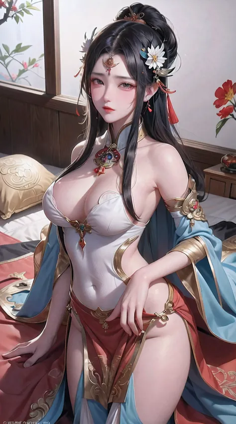 Ancient China woman, above waist，There is a flower tattoo on the bare back，Red and blue-green flowers, on the bed，ukiyo-style, Guviz-style artwork, Guviz, Alphonse mucha and rossdraws, A beautiful artwork illustration, By Li Song, by Yang J, author：Zou Zhe...