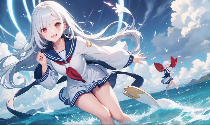 Background with、Lightning at sea、High school girl with fluttering white hair、Red eyes、gentle face、tall、a sailor suit、Cute laughing face！