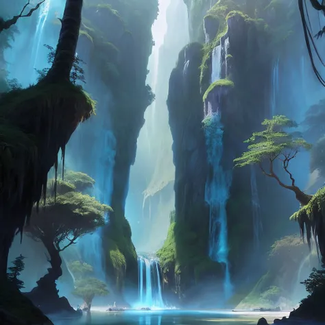 View of a waterfall in the forest with a waterfall in the background, concept art wallpaper 4k, by Ross Tran. scenic background, andreas rocha style, Stunning! Concept art, bastien grivet, beautiful concept art, 4k fantasy art, James Gurney and Andreas Roc...