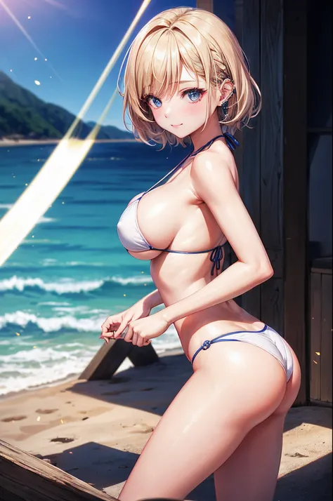 realisitic、top-quality、女の子 1 人、25-years old、Light colored hair、piercings、Shy face、Fancy Bikini、beautiful boob 、sexypose、s ass、night sandy beach、Particles of light、profetional lighting、blue open sky