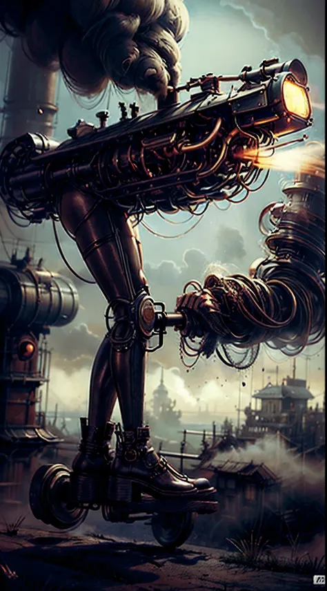 there's a sexzy black african woman with a steam-powered dusky skin, with big boobs,royal look,helmet, arte conceitual steampunk...