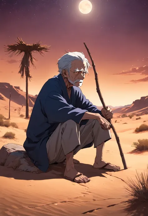 old man in desert sitting at night with stick front