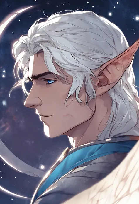 Handsome young elf with white hair and blue eyes who looks up at the moon