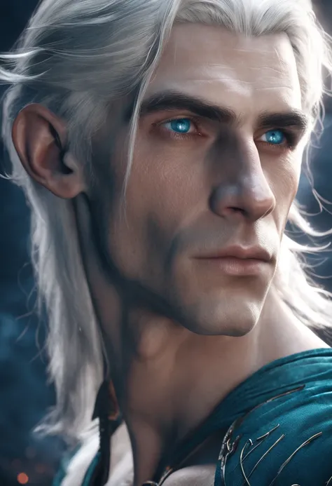 Handsome young elf with white hair and blue eyes who looks up at the moon