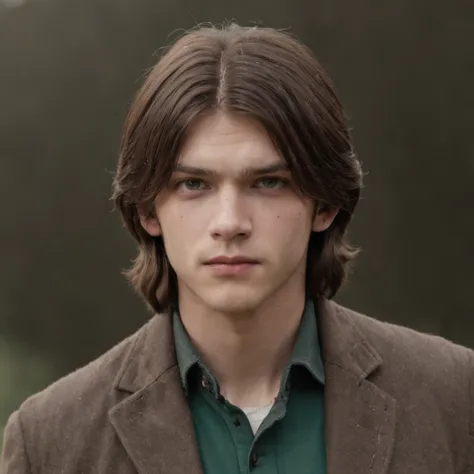 a young man of 19 years old, white American, hair with bangs like Sam Winchester from Supernatural, with an arrow in his chest, fainting, eyes watering, full body, green eyes, light eyes