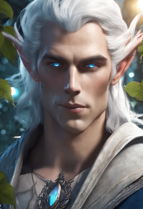 Handsome elf with white hair and blue eyes in a moonlit garden