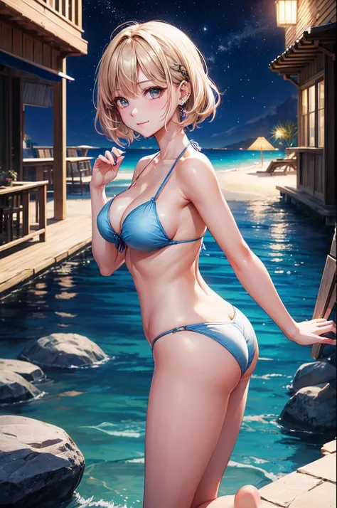 realisitic、top-quality、女の子 1 人、25-years old、Light colored hair、piercings、Shy face、Fancy Bikini、beautiful boob 、sexypose、s ass、night sandy beach、Particles of light、profetional lighting、blue open sky