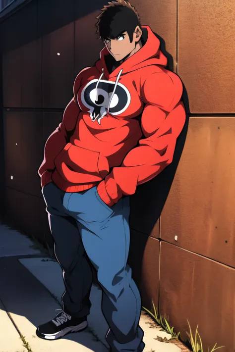 (((arte estilo anime))), Homem extremamente musculoso, corpo de bodybuilder, imagem de corpo inteiro, wearing a sweater with cap covering his head, Character is leaning against a wall with his hands in his pockets, Misterioso Protagonista do anime, Strong ...