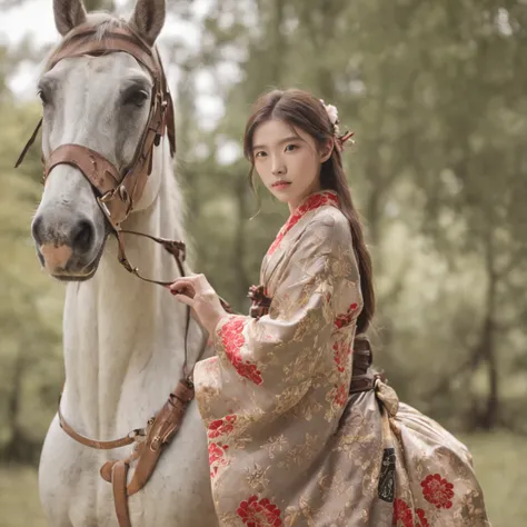 A young girl with a kimono，Wearing glasses，mounted on a horse, full body portrait shot, , height is 180 cm,Behind you is a sea of sea , wearing boots, marketing photo。