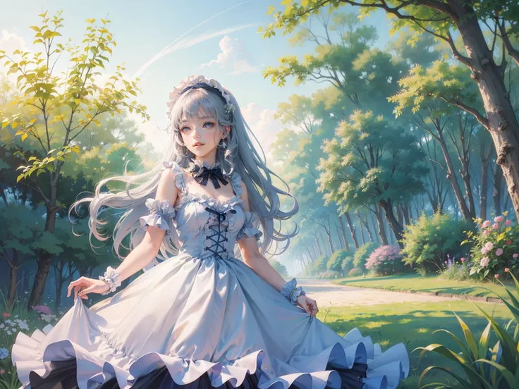 one cute anime girl in the garden picnic,very long and curly violet hair,shining haired deity,wearing blue cute lolita princess ...