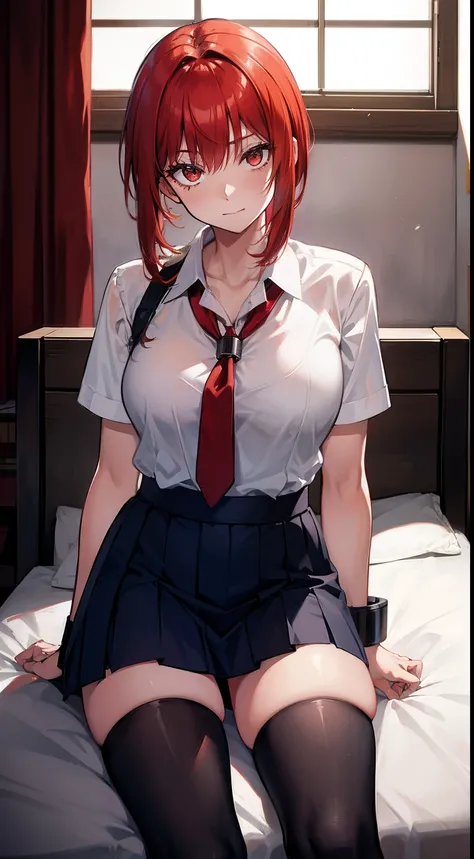 "Makima, 1 female , Red hair, scared , wearing a torn school uniform , medium breast, sexy pose, handcuffs on her hand, in the bed