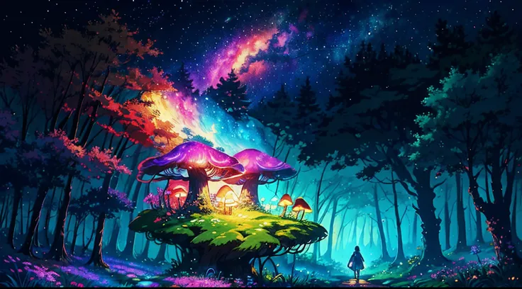 Illustration, cartoon, soothing tones, calming colors, (anime), dream forest, mushroom forest, colorful, (illustration), cartoon, detailed, masterpiece, beautiful landscape, path, night, nebula, starry sky, 8k, best quality, dark shot, detailed