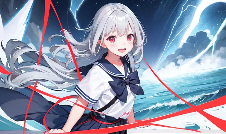 Background with、Lightning at sea、Fluttering gray haired schoolgirl、Red Eyes、Gentle face、tall、a sailor suit、Cute laughing face！