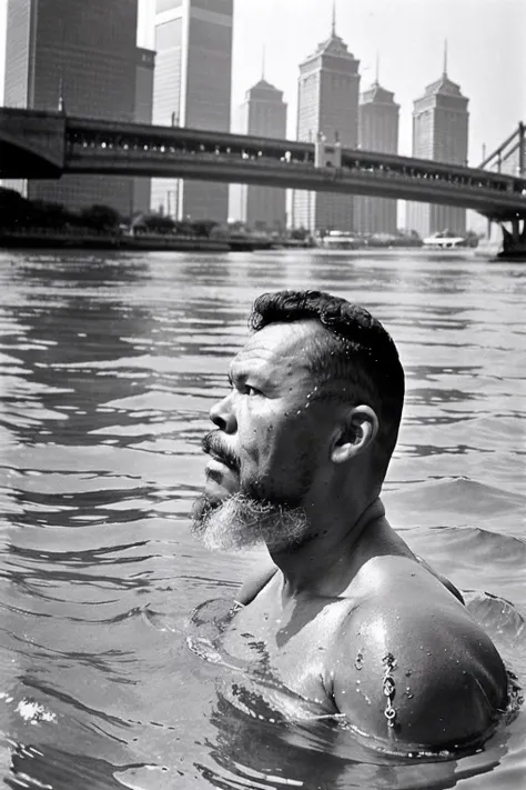 guttovendo1 swim in the huangpu river in shanghai in 1967，black and white photo, sense of history