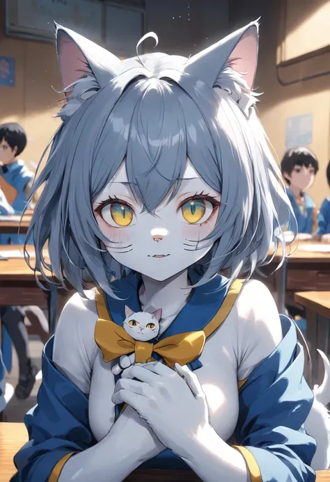 humanoid cat with blue gray skin and yello eyes with clowth in blue and gray and white in classroom anwith happy face 8k, genchin impact style