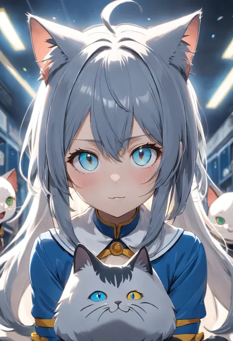 humanoid cat with blue gray skin and yello eyes with clowth in blue and gray and white in classroom anwith happy face 8k, genchin impact style