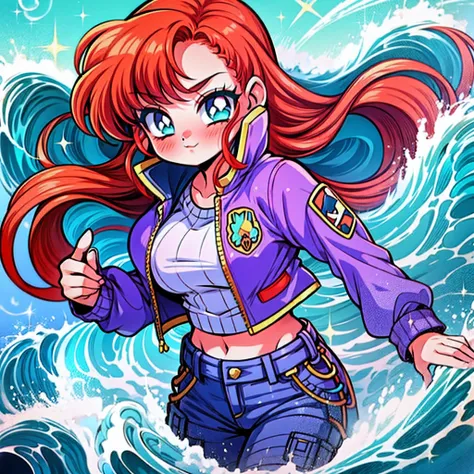 1girl, red head, red hair, bright red, purple and green jacket with cargo pants, water power, sparkle, splashes, waves and bubbl...