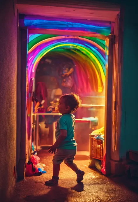 UM SOL COM ARCO-IRIS E UM MENINO BRINCANDO EM SUA CASA