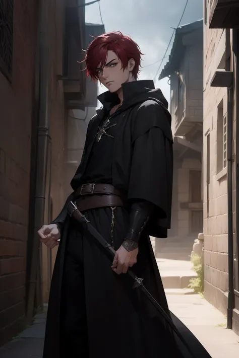 closeup of a young man with red hair emo he is a rogue and is in a black robe dark rogue clothes dark medieval costume dark in t...