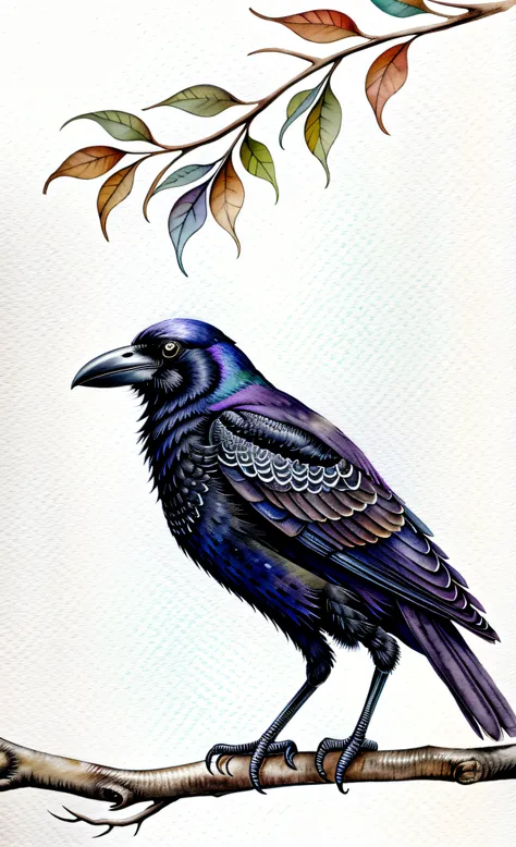 A creepy, watercolor design crow in a branch in a white background