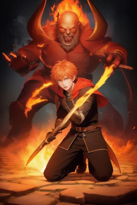 Anime - style image of a man kneeling on a brick floor with a fire in his hand, fire behind him, casting fire spell, cara bonito na arte demon slayer, holy fire spell art, casting a fire spell, kvothe do nome do vento, Inspirado em Kris de Deltarrune, fire...