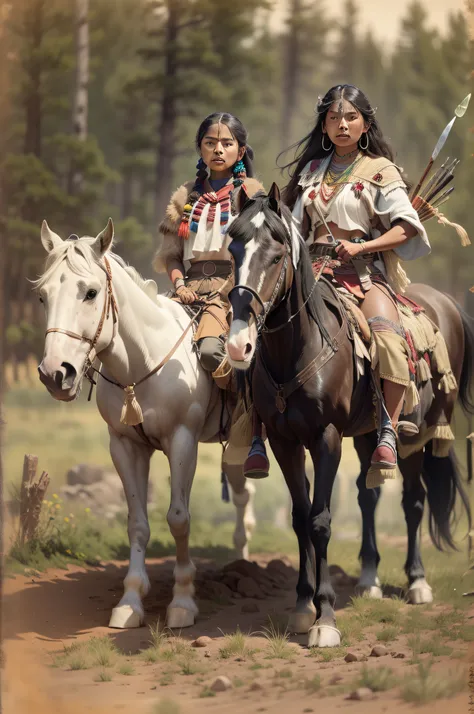 A young Apache woman, riding a galloping black horse, with her younger sister sitting behind her, in the white mountain Apache reservation with distinct facial features. She is dressed in a loincloth, painted with war colors, armed with a bow and a bundle ...